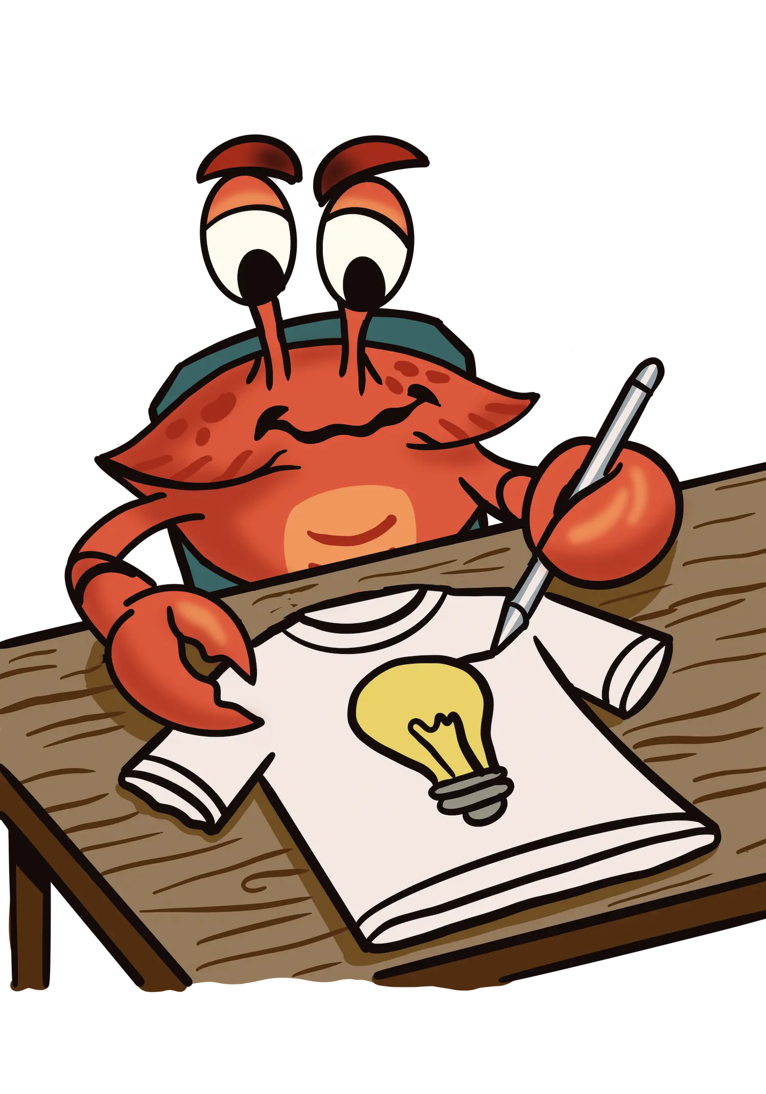 Cleștiuc, crabul mascotă, stând la masă și desenând direct pe un tricou cu un Apple Pencil, simbol pentru designul original și atenția la detalii din spatele cadourilor amuzante premium.