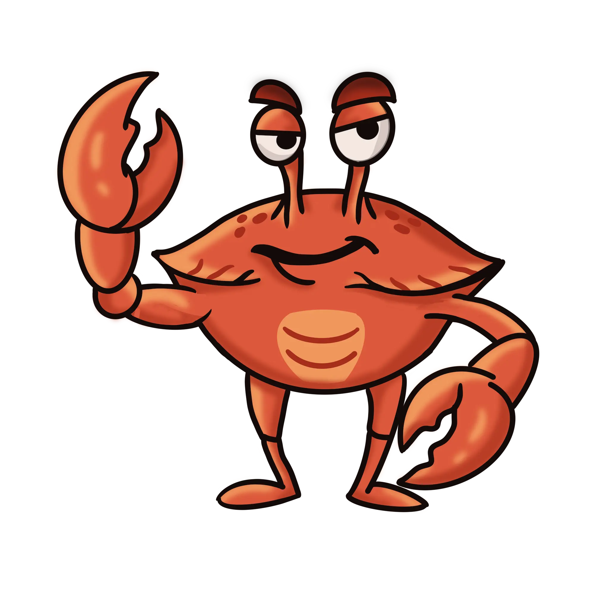 Cleștiuc, crabul mascotă, stând în picioare lângă secțiunea „Despre noi”, reprezentând magazinul de cadouri amuzante premium cu design original și umor inteligent.