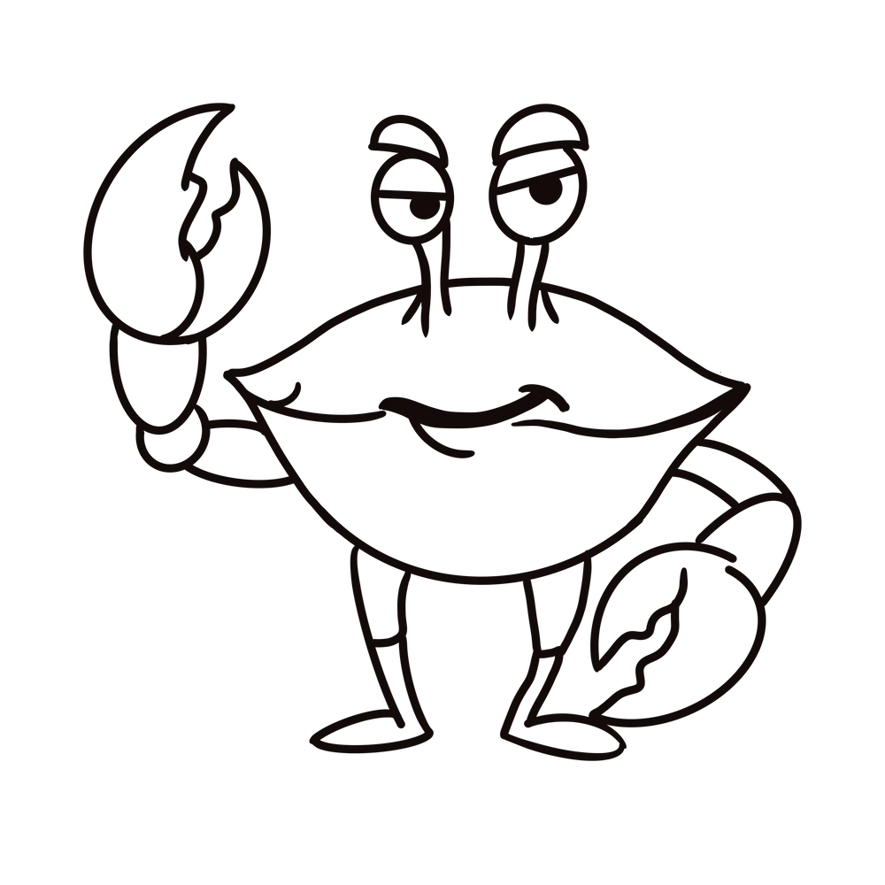 Schiță alb-negru cu Cleștiuc, crabul mascotă, în fază de desen inițial, folosită pentru a arăta cum prinde viață o glumă și un personaj de brand.