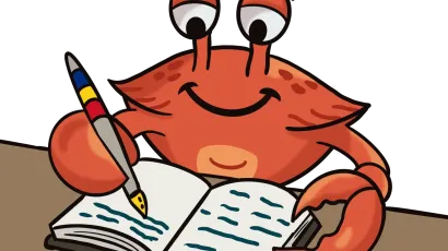 Ilustrație cu Cleștiuc, crabul-mascotă, scriind într-un jurnal cu un pix, la un birou