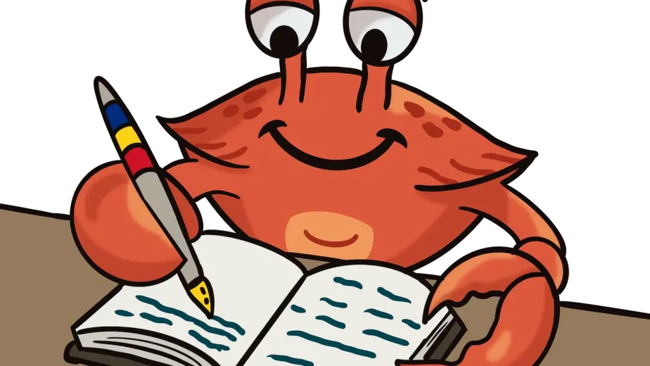 Ilustrație cu Cleștiuc, crabul-mascotă, scriind într-un jurnal cu un pix, la un birou