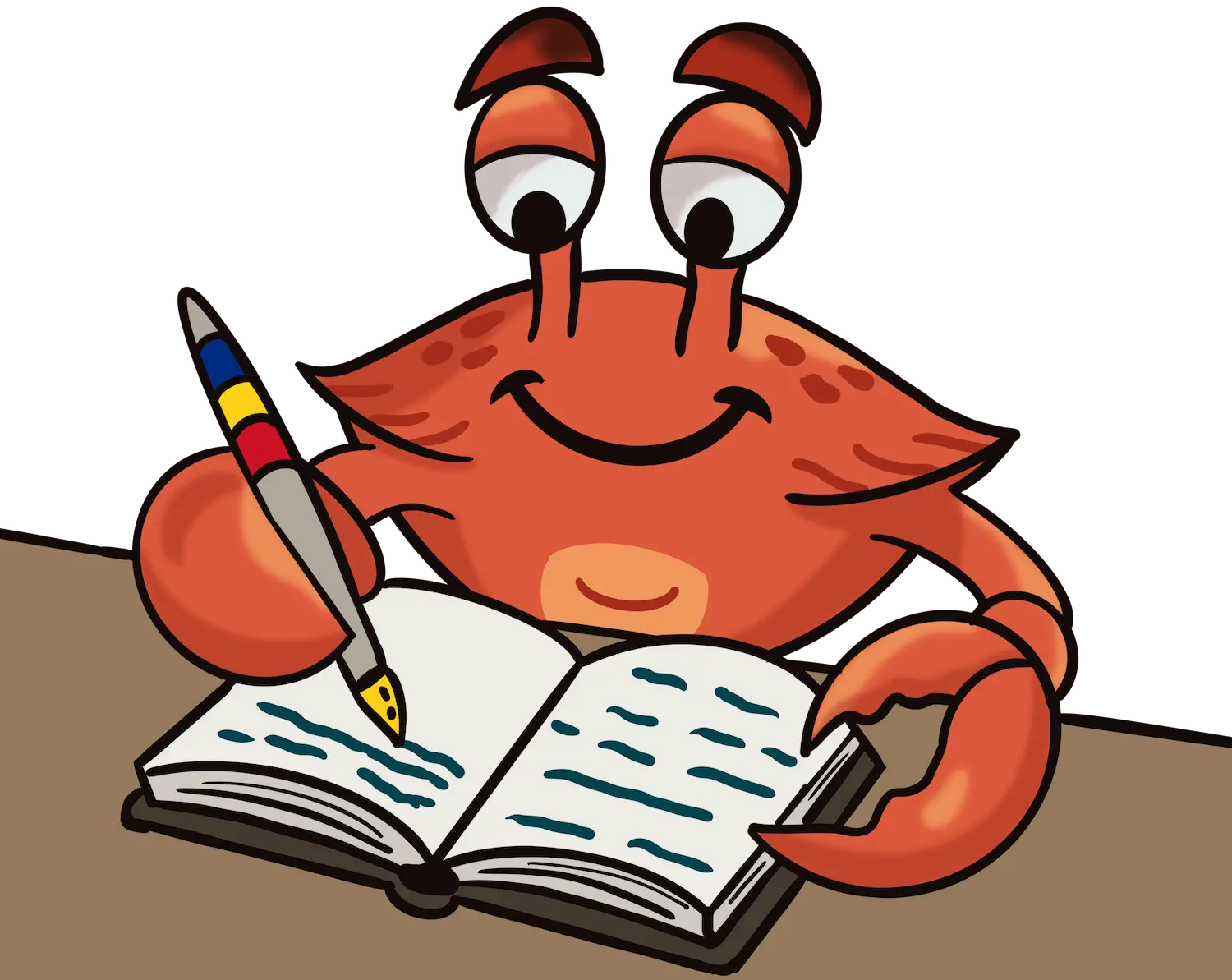 Ilustrație cu Cleștiuc, crabul-mascotă, scriind într-un jurnal cu un pix, la un birou