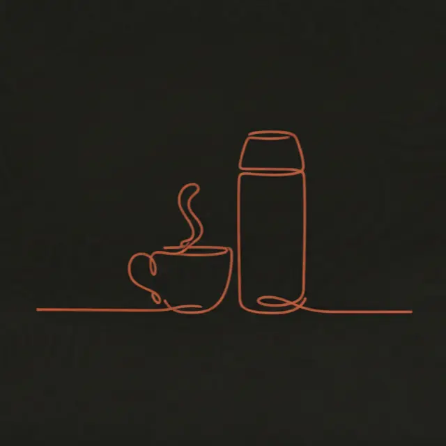 Icon minimalist cu o cană cu abur și un termos, desenate dintr-o singură linie portocalie pe fundal închis, folosit ca imagine pentru categoria Căni & Termosuri amuzante.