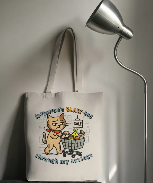 Geantă tote ecru cu print pisică la cumpărături și textul „Inflation’s CLAW-ing through my savings”, fotografiată pe suport.