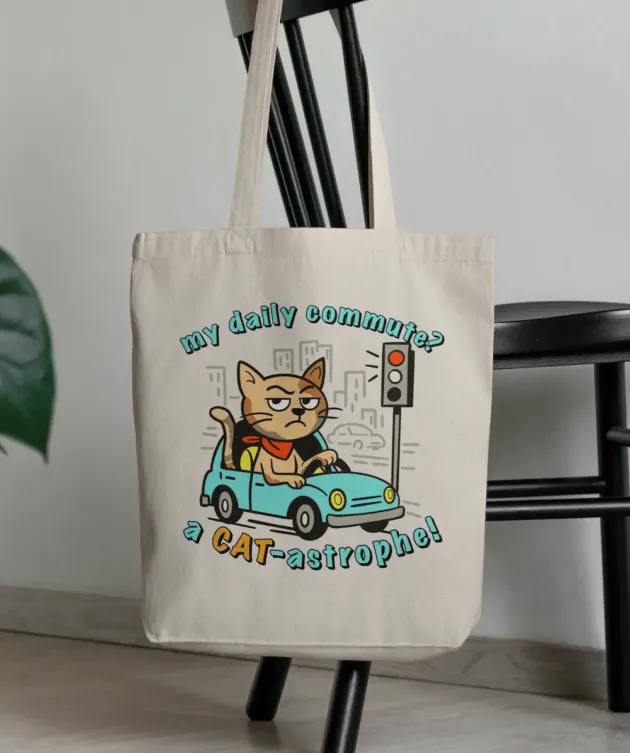Geantă tote ecru cu print pisică la volan și mesajul „my daily commute? a CAT-astrophe!”, fotografiată pe un scaun.