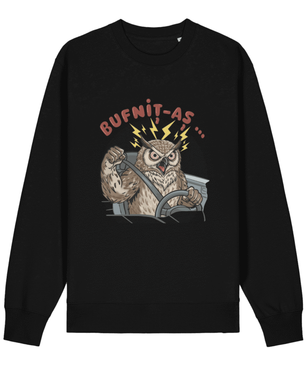 Bluză Amuzantă Bufniță Șofer la Volan - Mockup bluză neagră cu mânecă lungă, bufniță la volan și text „Bufnit-aș…”, pe fundal alb.