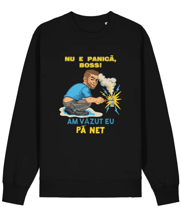 Bluză amuzantă „Nu e panică, boss!”: Mockup bluză neagră cu mânecă lungă, mesaj „Nu e panică, boss!” și „Am văzut eu pă net”, cu ilustrație DIY cu scântei, pe fundal alb.