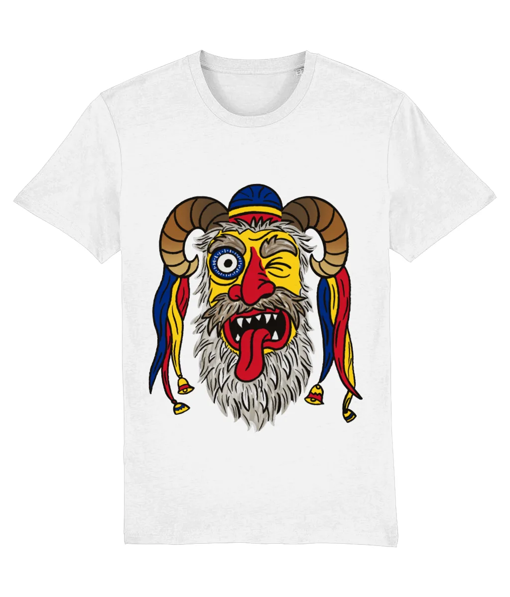 Tricou alb cu imprimeu mască tradițională românească, prezentare produs pe fundal alb.