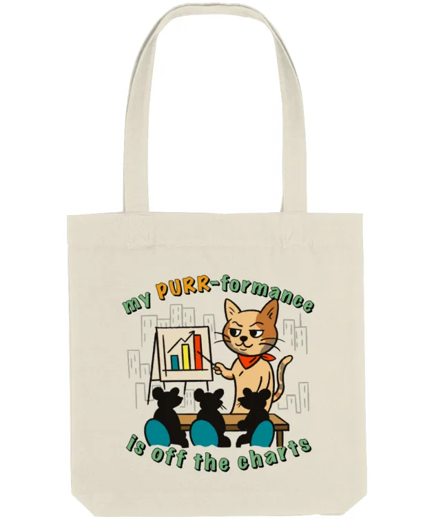 Geantă tote amuzantă culoare natural (ecru) cu print pisică la flipchart și mesajul „my PURR-formance is off the charts”.