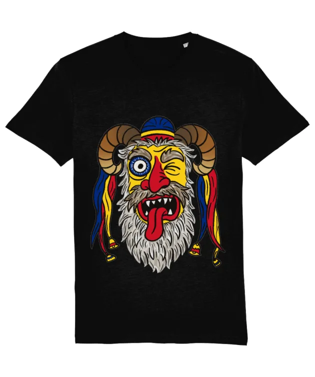 Tricou Mască Tradițională Românească; Tricou negru cu imprimeu mască tradițională românească, prezentare produs pe fundal alb.