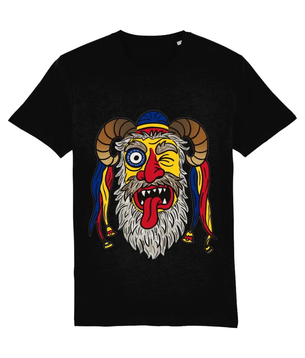 Tricou Mască Tradițională Românească; Tricou negru cu imprimeu mască tradițională românească, prezentare produs pe fundal alb.