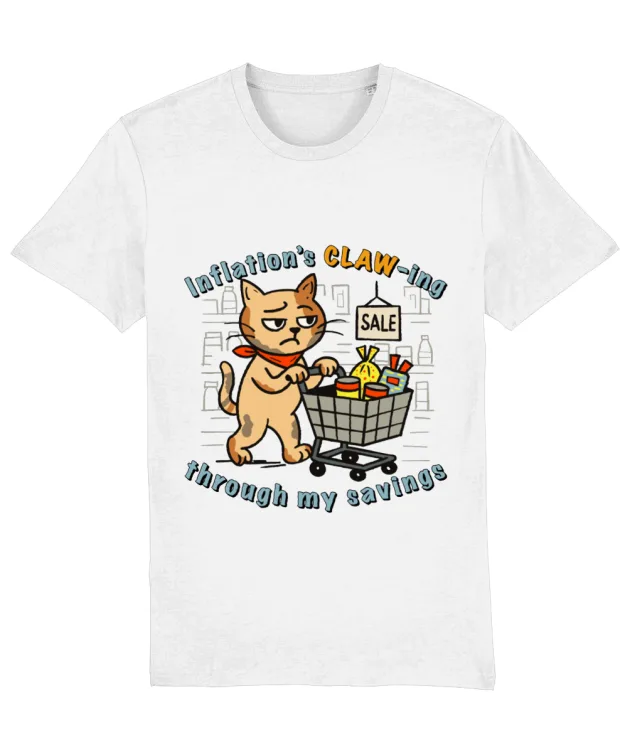 Tricou alb unisex cu print pisică la cumpărături și mesajul „Inflation’s CLAW-ing through my savings” - Tricou amuzant Inflație