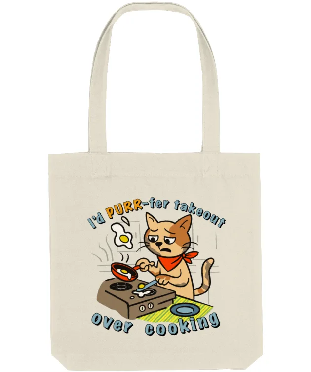 Geantă tote amuzantă culoare natural (ecru) cu print pisică la aragaz și mesajul „I’d PURR-fer takeout over cooking”.