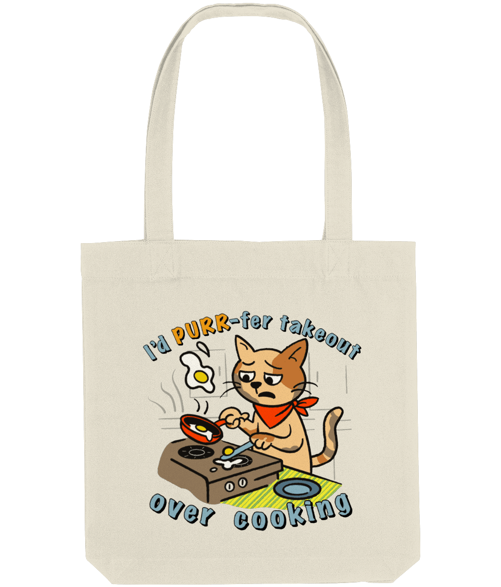 Geantă tote amuzantă culoare natural (ecru) cu print pisică la aragaz și mesajul „I’d PURR-fer takeout over cooking”.