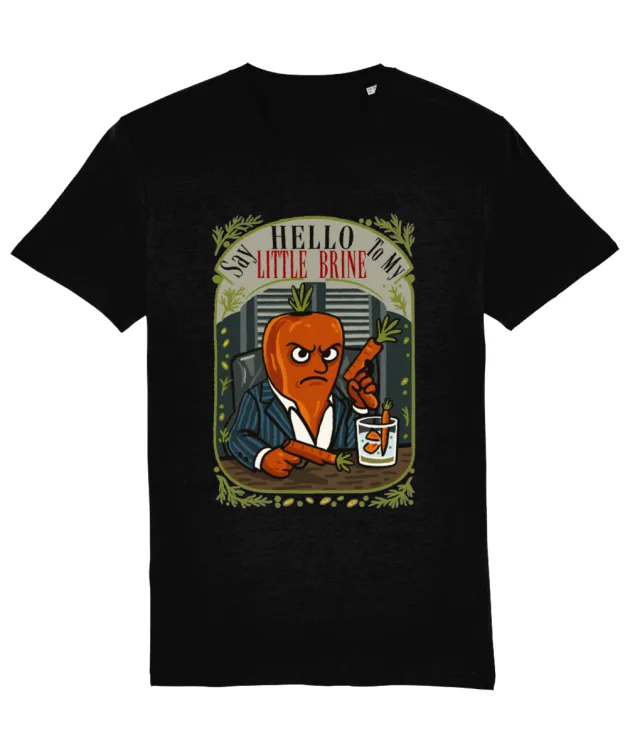 Tricou Premium negru design parodie Scarface cu un morcov mafiot în costum, mesaj Say hello to my little brine, bumbac organic 180g.