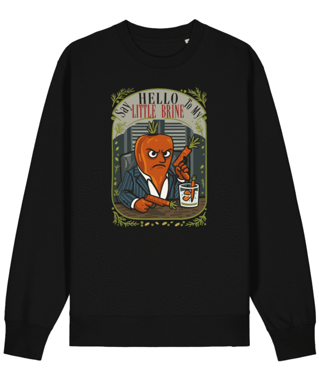 Mockup bluză neagră cu mânecă lungă, design morcov Scarface și text „Say Hello To My Little Brine”, pe fundal alb. - bluza amuzantă say hello to my little brine