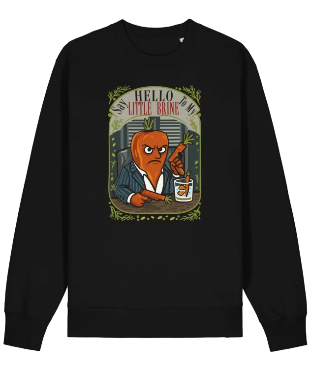 Mockup bluză neagră cu mânecă lungă, design morcov Scarface și text „Say Hello To My Little Brine”, pe fundal alb. - bluza amuzantă say hello to my little brine