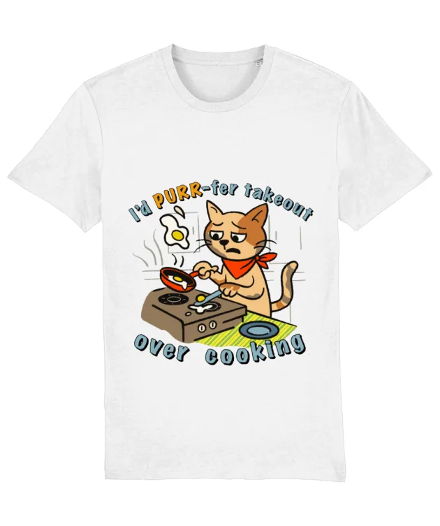 Tricou amuzant gătit: alb unisex cu print pisică la aragaz și mesajul „I’d PURR-fer takeout over cooking”.