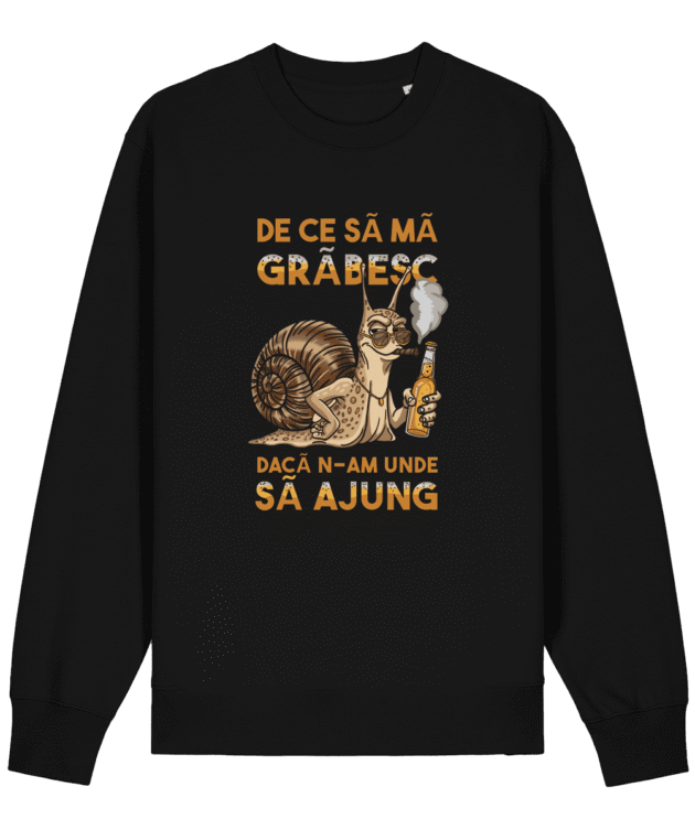Bluză Melc „De ce să mă grăbesc?”: Mockup bluză neagră cu mânecă lungă, melc cu bere și mesaj „De ce să mă grăbesc, dacă n-am unde să ajung”, pe fundal alb.