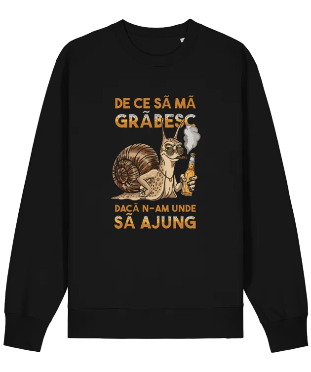 Bluză Melc „De ce să mă grăbesc?”: Mockup bluză neagră cu mânecă lungă, melc cu bere și mesaj „De ce să mă grăbesc, dacă n-am unde să ajung”, pe fundal alb.