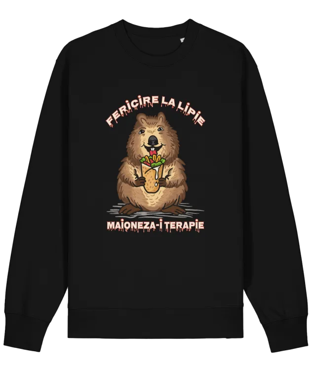 Bluză premium shaorma neagră cu mânecă lungă, print quokka cu shaorma și text „Fericire la lipie, maioneza-i terapie”, pe fundal alb.