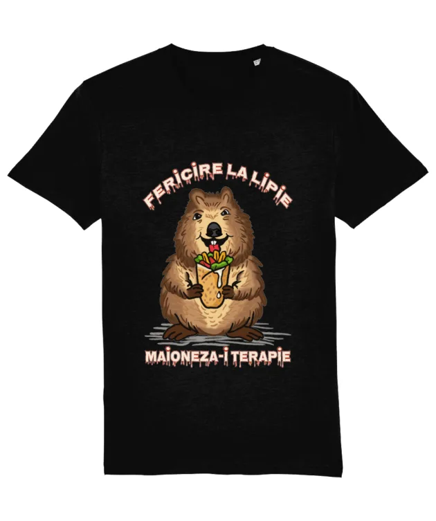 Tricou amuzant shaorma: Tricou negru bumbac organic cu ilustrație quokka fericit mâncând o shaorma cu de toate și textul Fericire la lipie, maioneza-i terapie.
