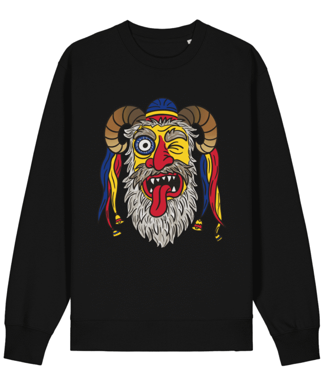 Bluză Mască Tradițională Românească: Bluză neagră unisex cu imprimeu mască tradițională românească, prezentare produs pe fundal alb.