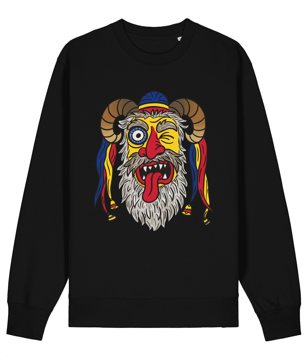 Bluză Mască Tradițională Românească: Bluză neagră unisex cu imprimeu mască tradițională românească, prezentare produs pe fundal alb.