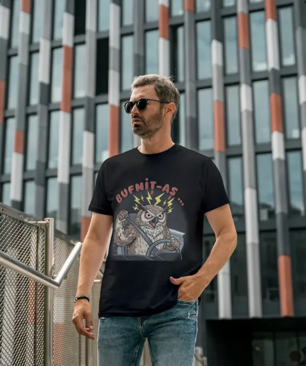 Bărbat purtând tricou negru cu bufniță la volan și text „Bufnit-aș…”.