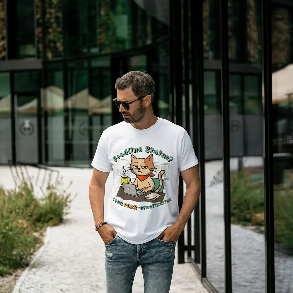 Bărbat purtând tricoul „Pisica de Birou” cu mesajul „Deadline Status? 100% PURR-crastination”.