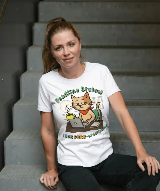Femeie purtând tricoul „Pisica de Birou” cu mesajul „Deadline Status? 100% PURR-crastination”.