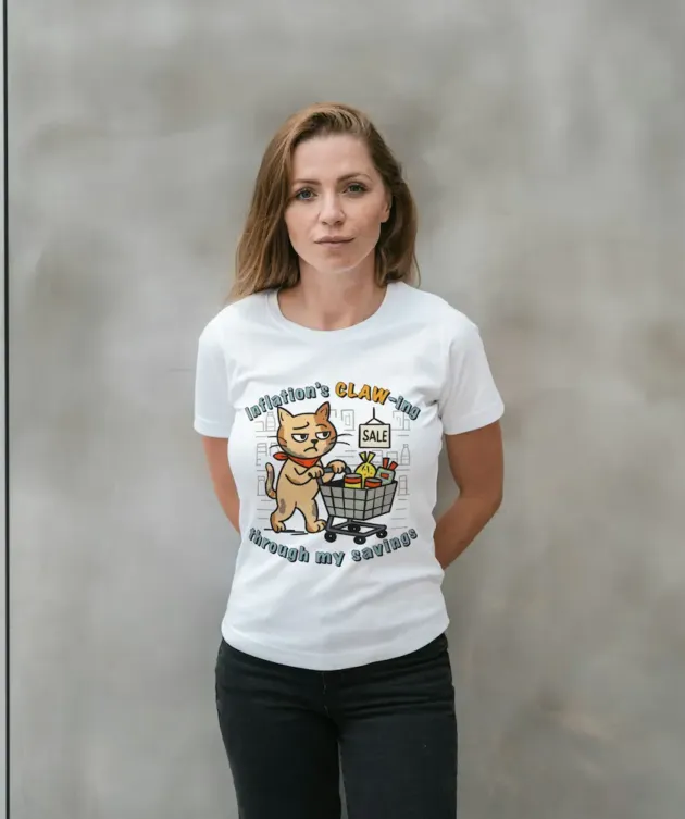 Femeie purtând tricoul „Pisica de Birou” cu mesajul „Inflation’s CLAW-ing through my savings”.