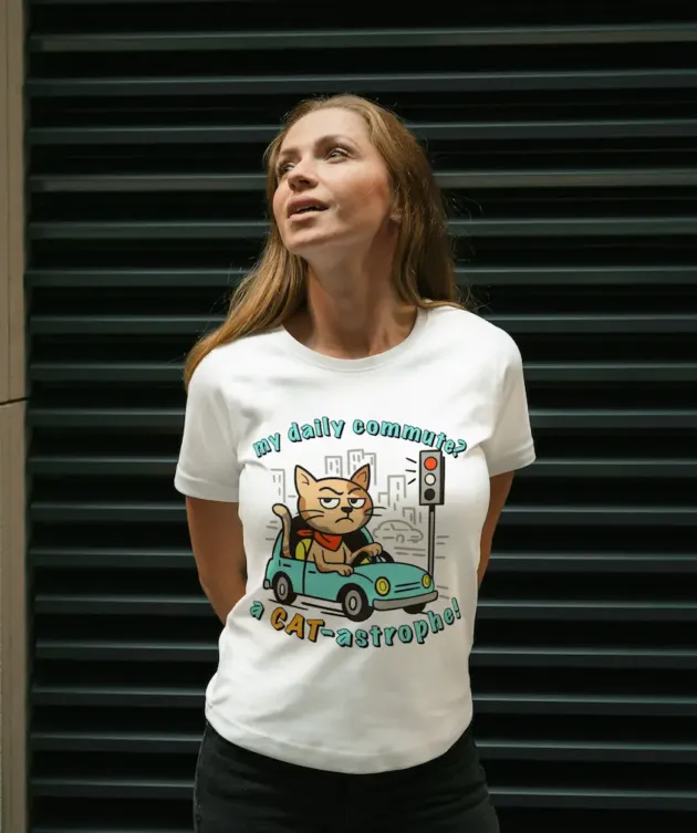 Femeie purtând tricoul „Pisica de Birou” cu print pisică la volan și mesajul „my daily commute? a CAT-astrophe!”.