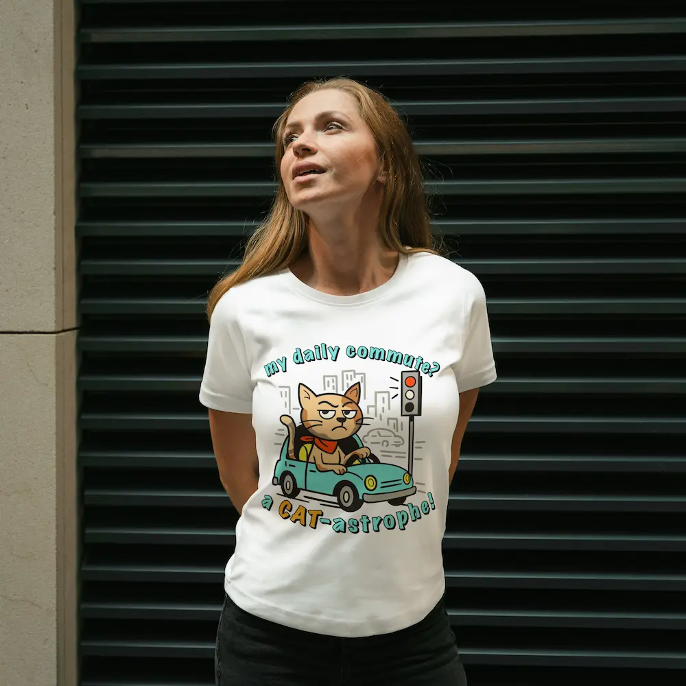 Femeie purtând tricoul „Pisica de Birou” cu print pisică la volan și mesajul „my daily commute? a CAT-astrophe!”.