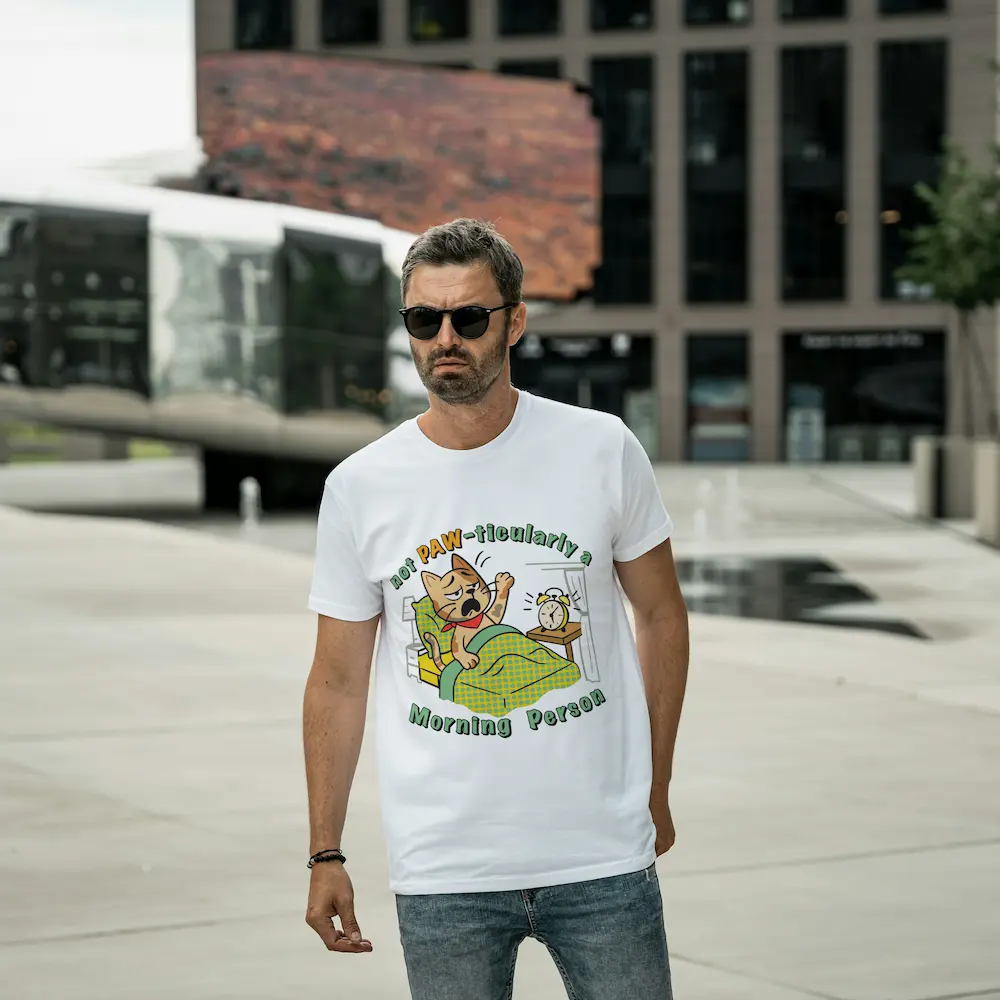 Bărbat purtând tricoul „Pisica de Birou” cu mesajul „Not PAW-ticularly a Morning Person”.